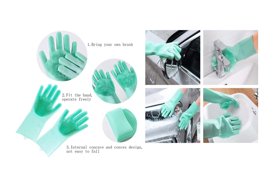 Cleaning Sponge Gloves, Silicone Reusable Cleaning Brush Heat Resistant Scrubber Gloves